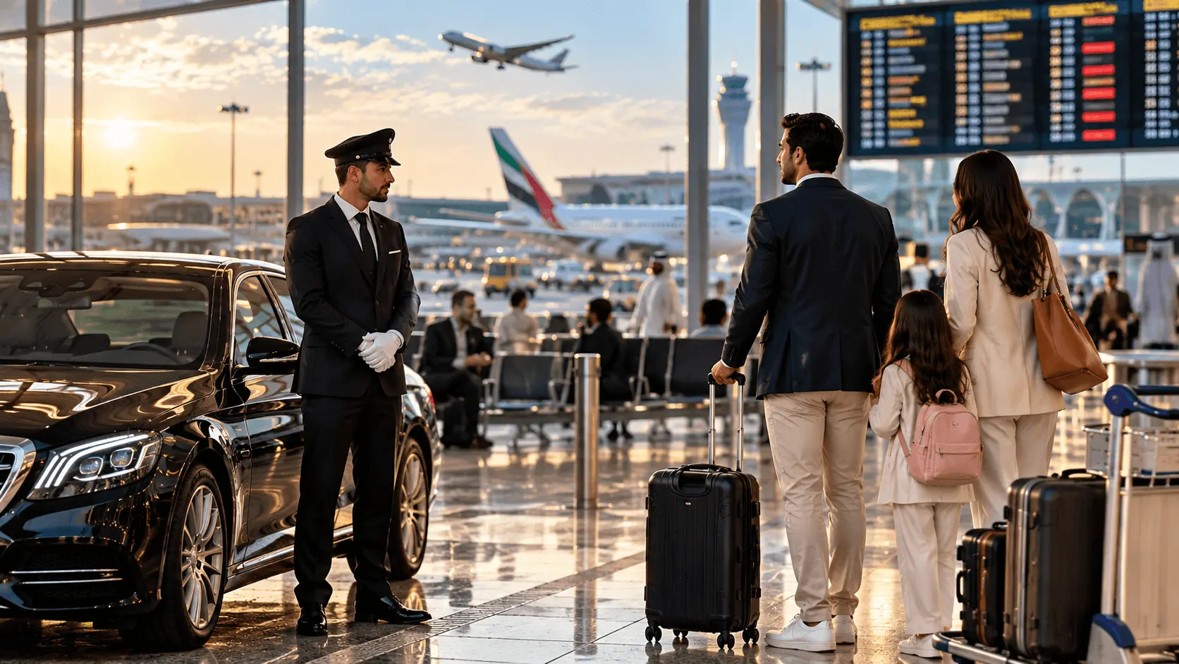 Chauffeur ready for an Al Maktoum International Airport transfer from Jebel Ali