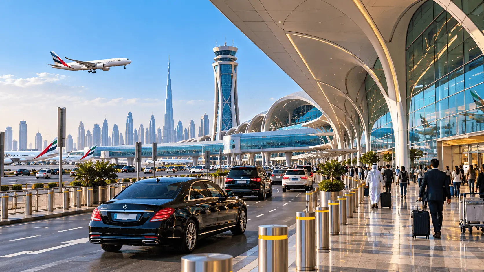 Luxury chauffeur airport transfer service in Dubai — professional driver waiting at Dubai International Airport