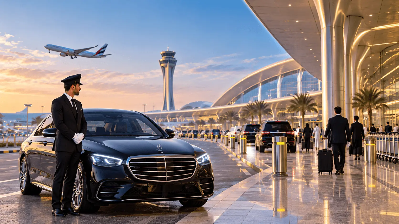 Luxury chauffeur arrival at sunset — Dubai executive transfer service