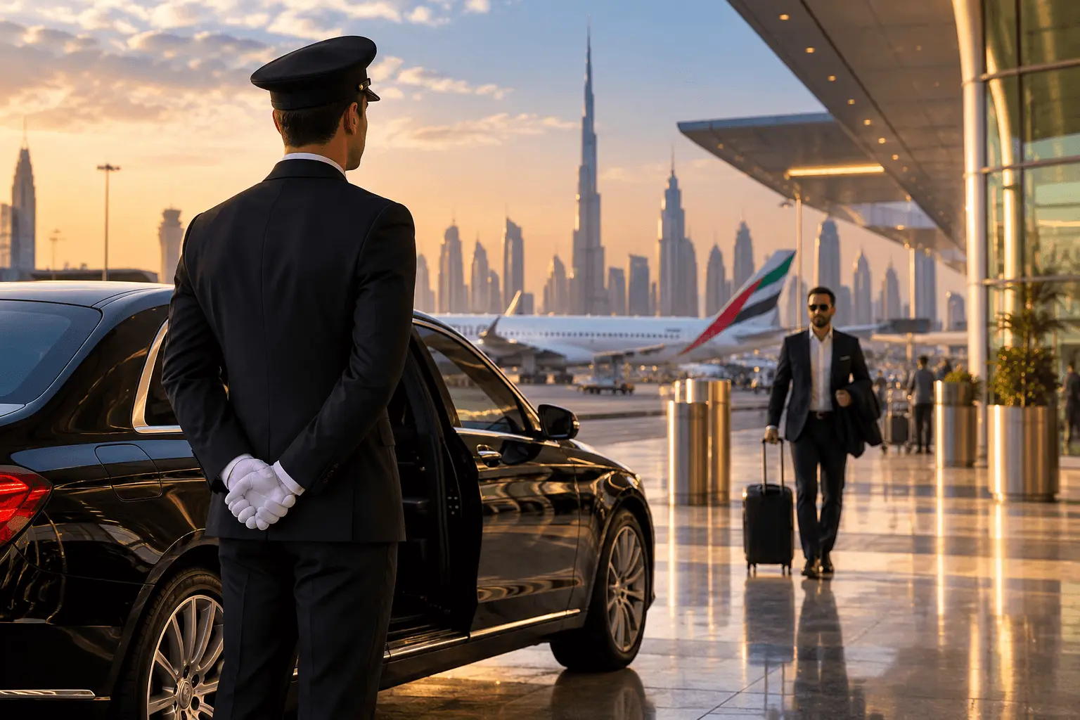 VIP chauffeur at Dubai Airport at sunset — executive airport transfer service
