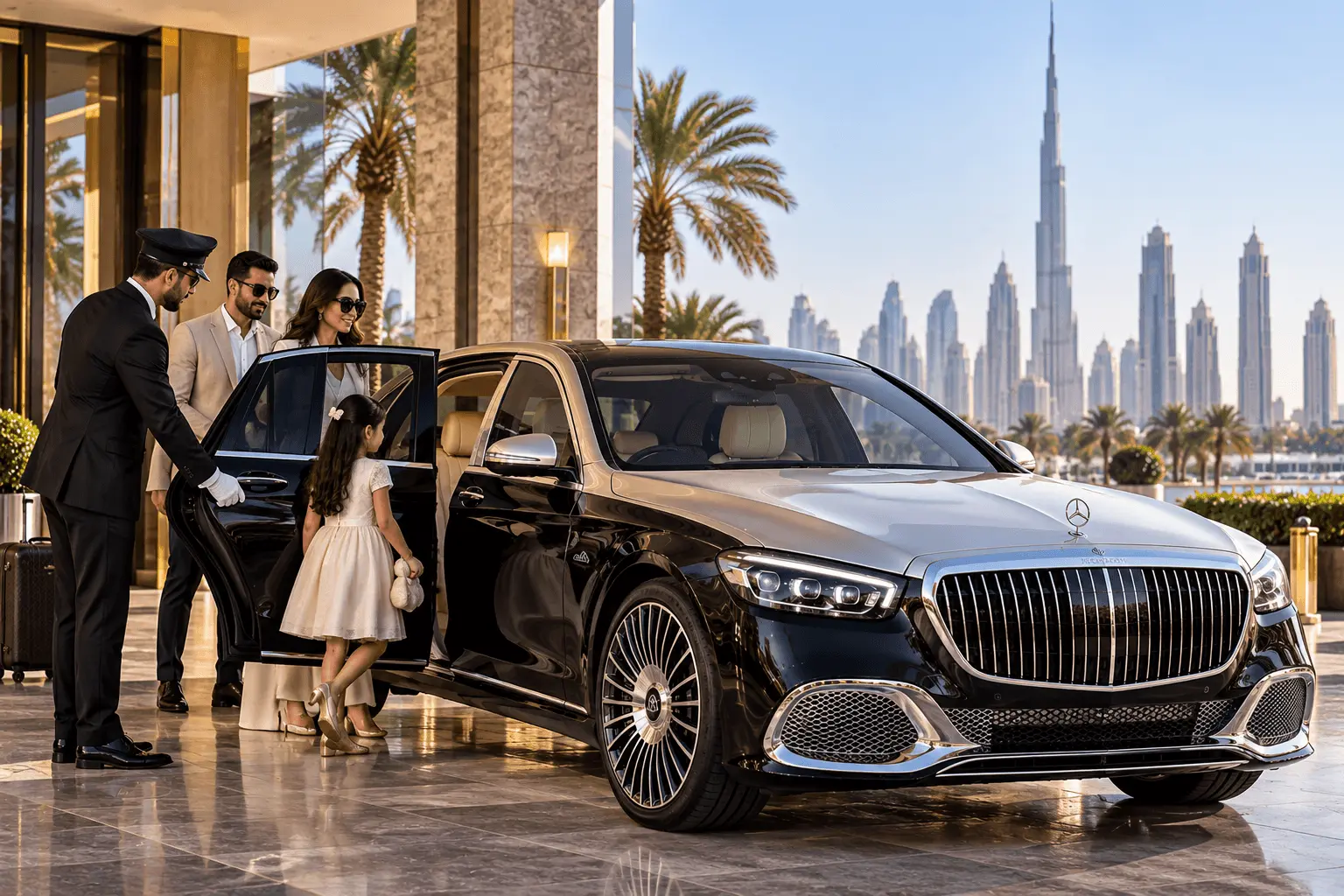 Pearl white limousine with chauffeur — birthday booking Dubai