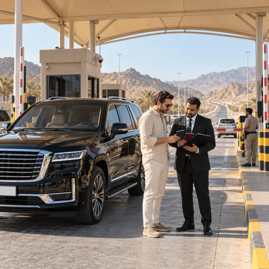 Chauffeur and traveler at Oman border