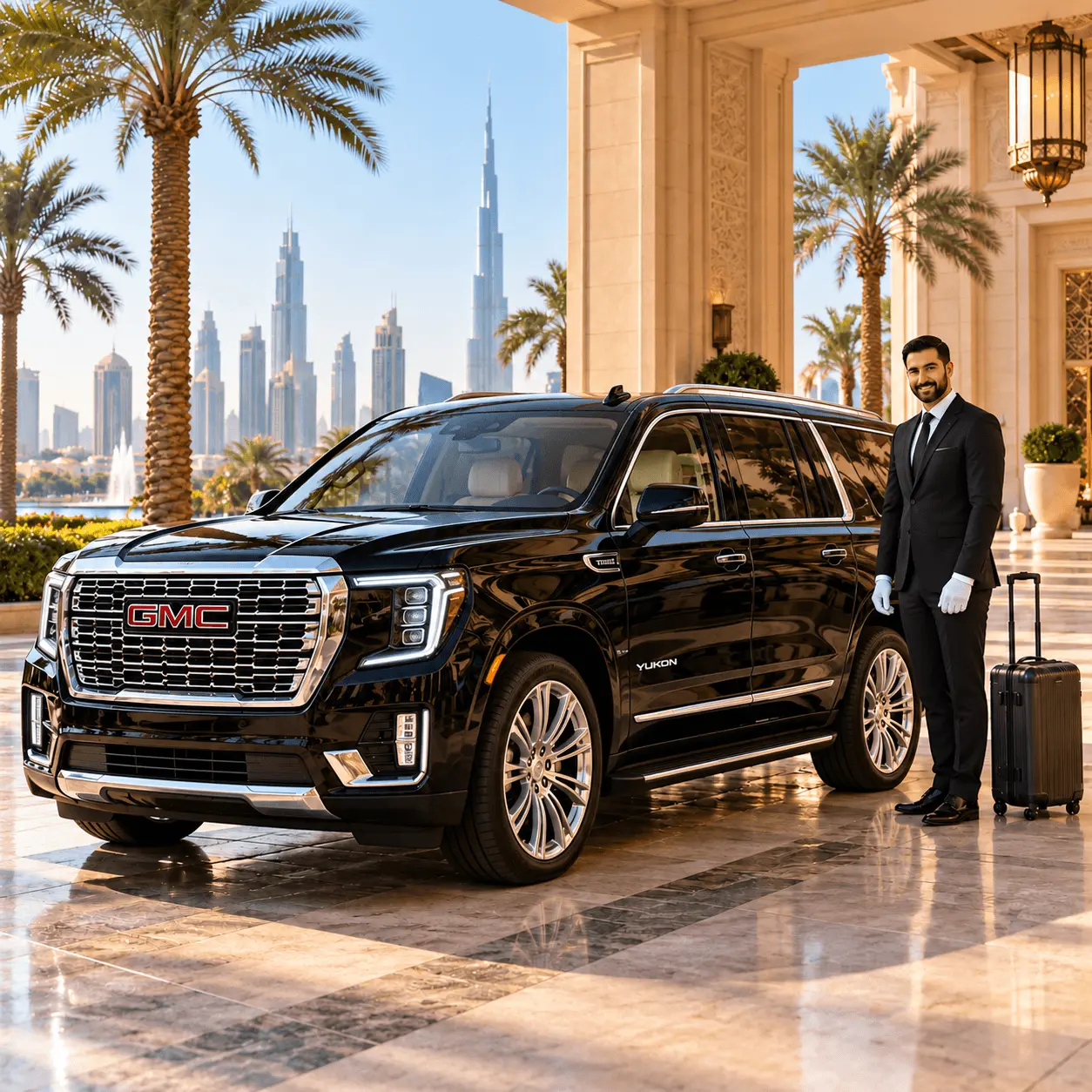 Chauffeur waiting outside a Business Bay office tower entrance