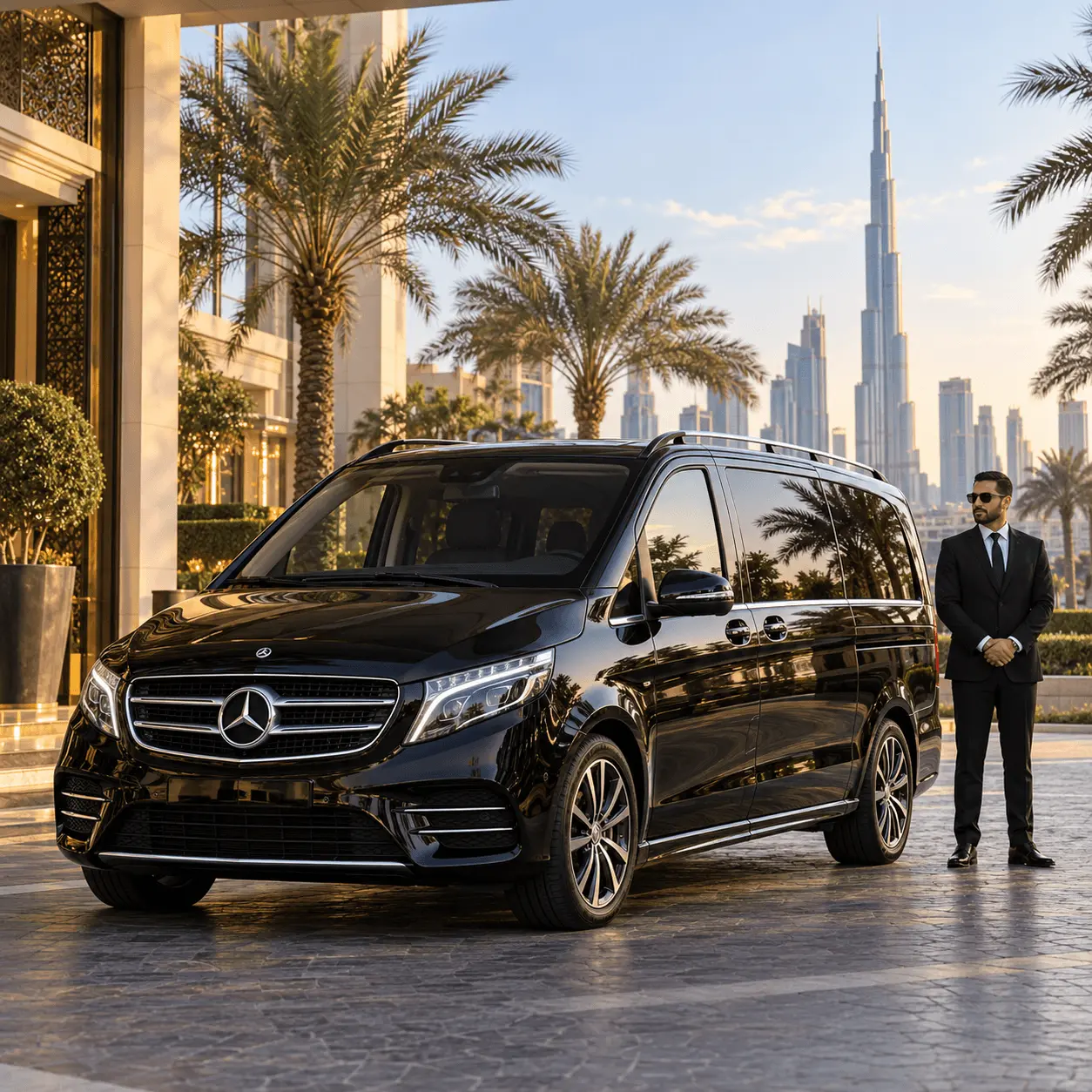 Maybach chauffeur in uniform at a Dubai hotel entrance ready for corporate guest collection