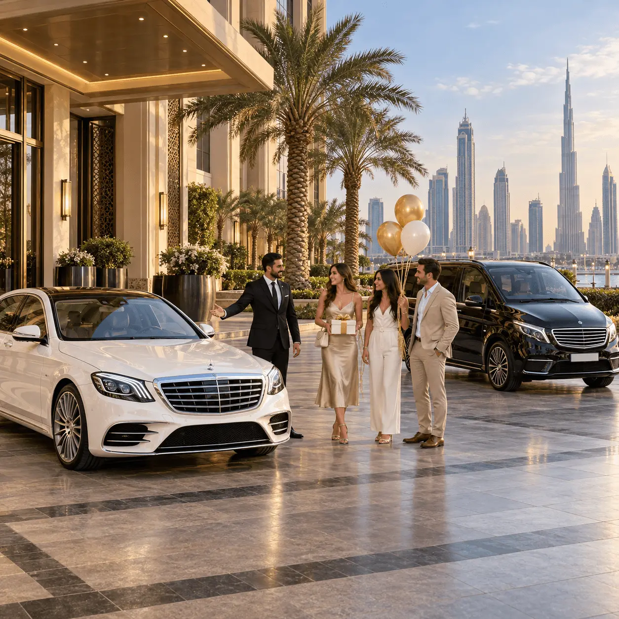 Pearl white limousine for surprise birthday pickup — Dubai chauffeur hire