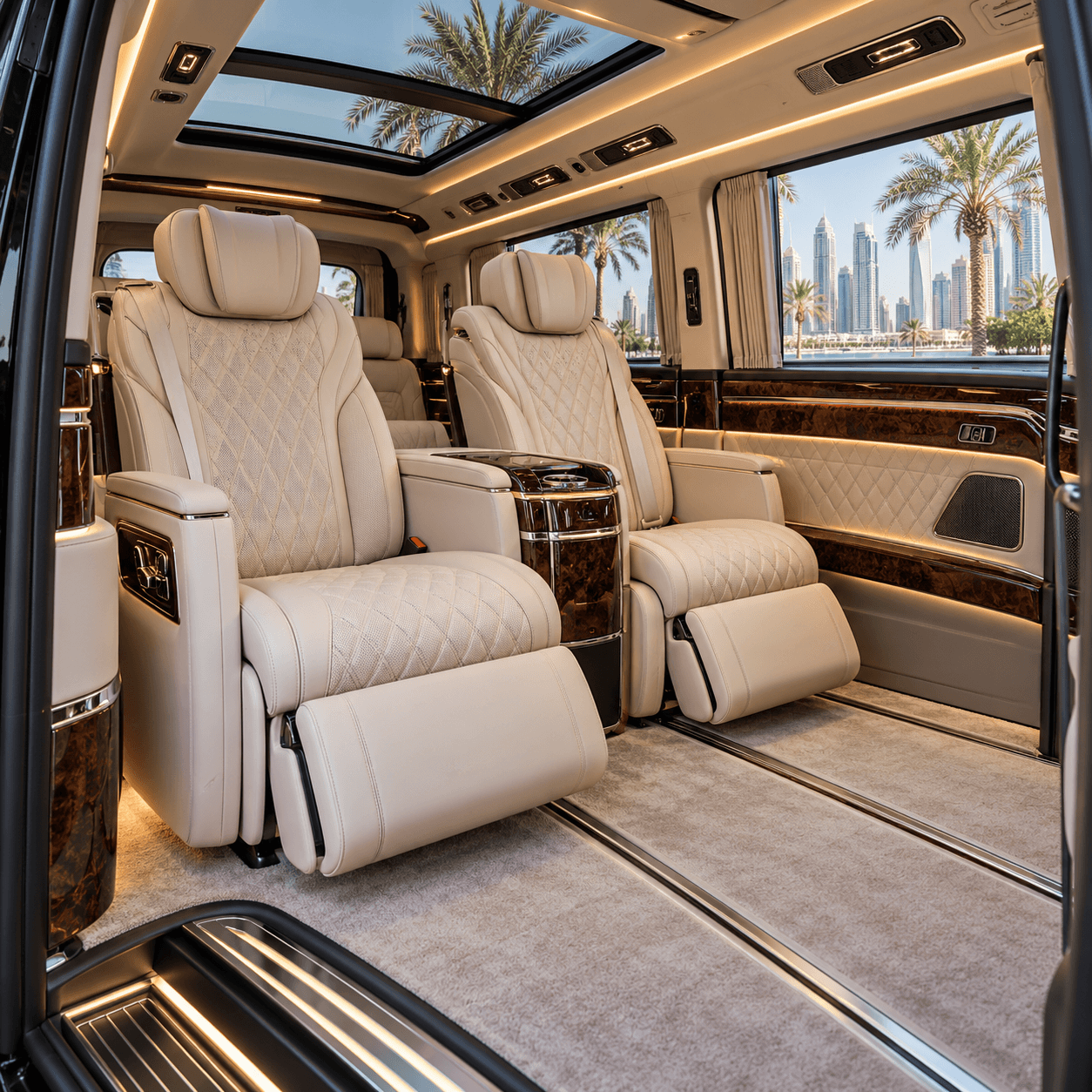 Maybach-inspired V-Class chauffeur vehicle at a Dubai hotel entrance