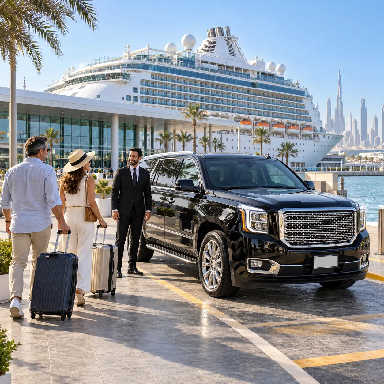 Luxury chauffeur at Dubai hotel towers — cruise port transfer service