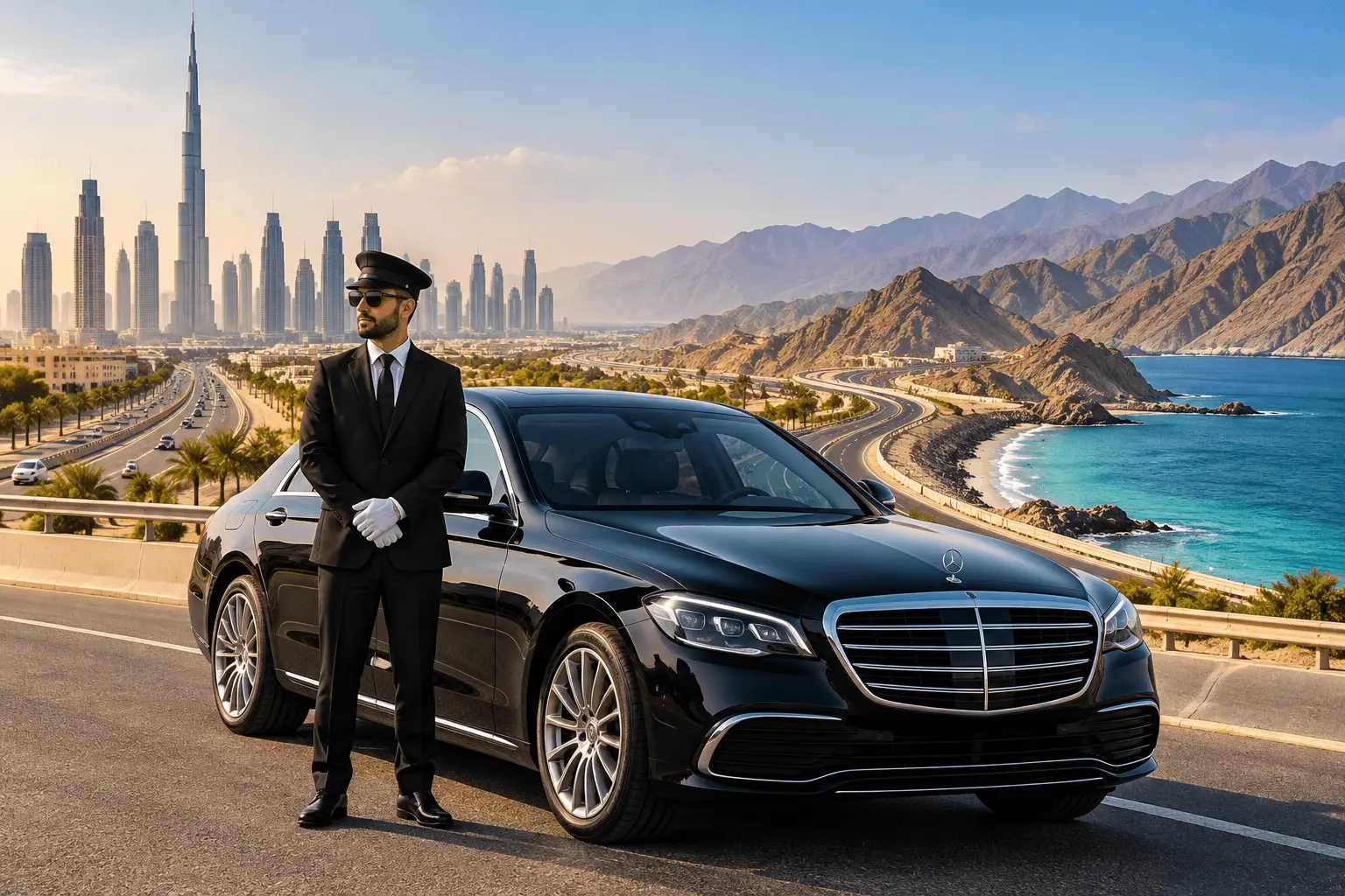 Luxury chauffeur transfer to RAK resort — Al Marjan Island coastline