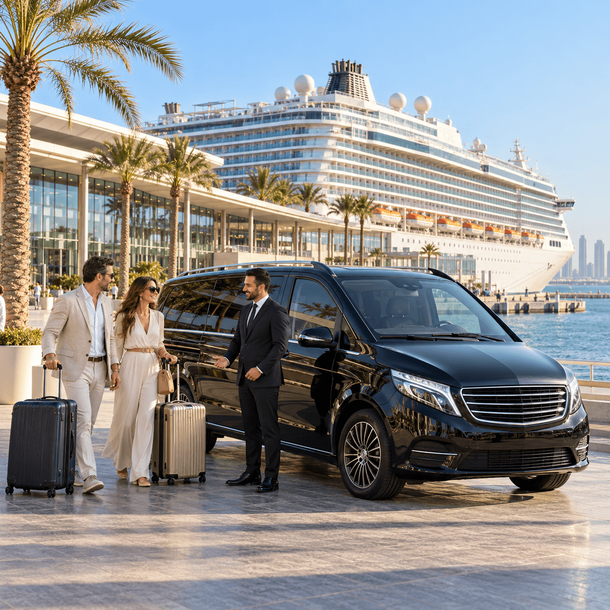 Luxury chauffeur Dubai cruise terminal to airport transfer