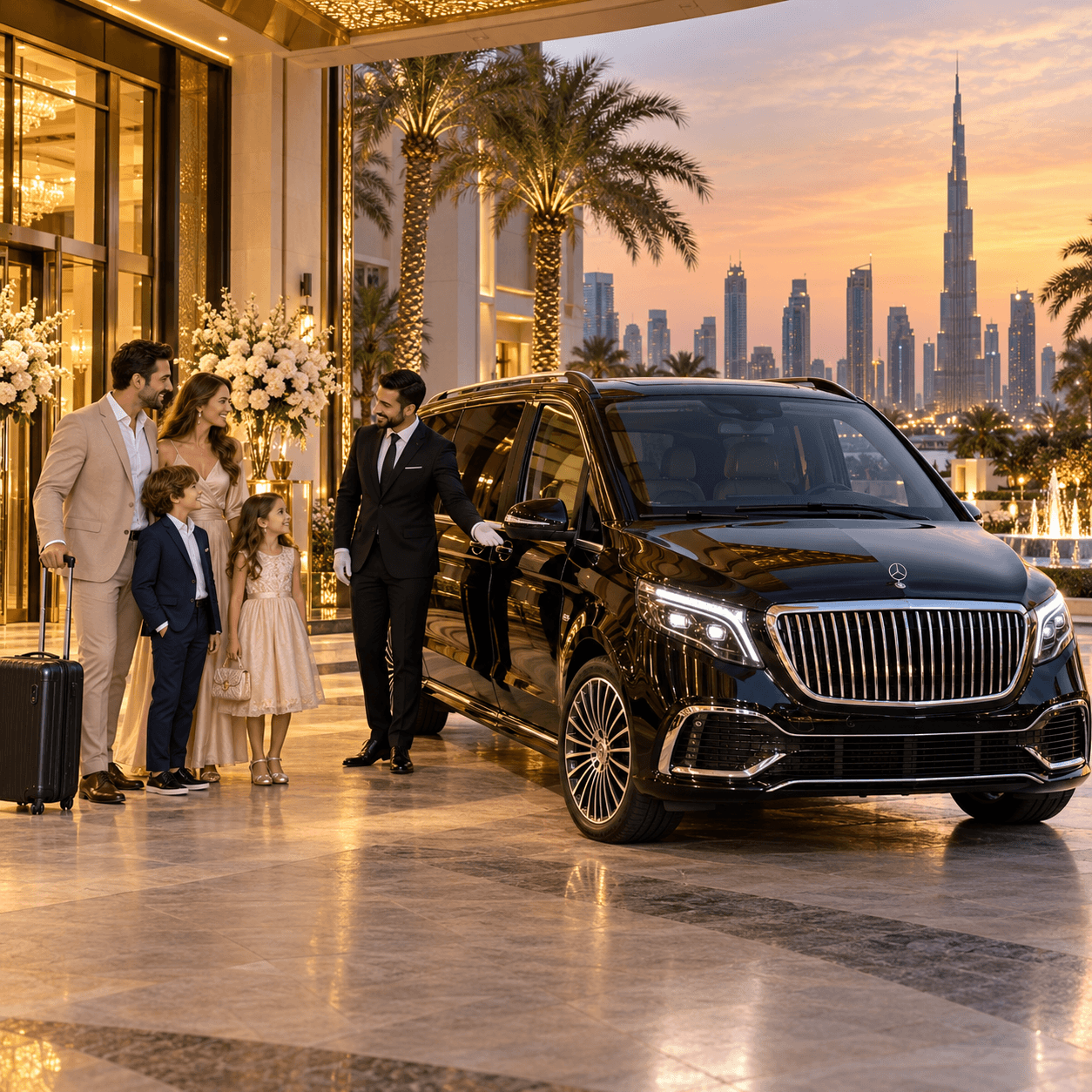 VIP V-Class available for flexible hourly and full-day chauffeur hire in Dubai