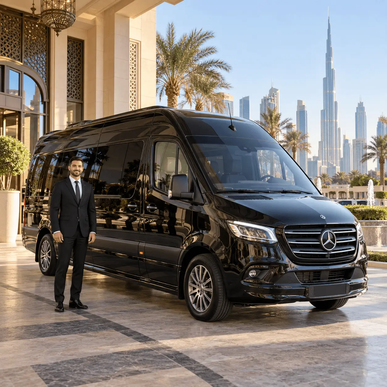 Executive chauffeur waiting at Business Bay tower entrance