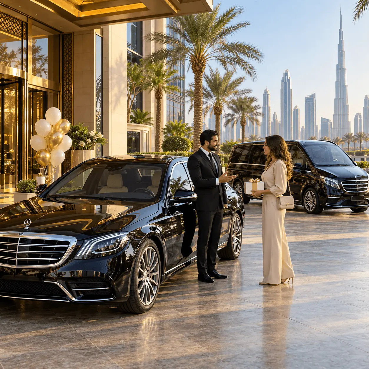 Pearl white limousine for birthday dinner transfer — Dubai luxury chauffeur