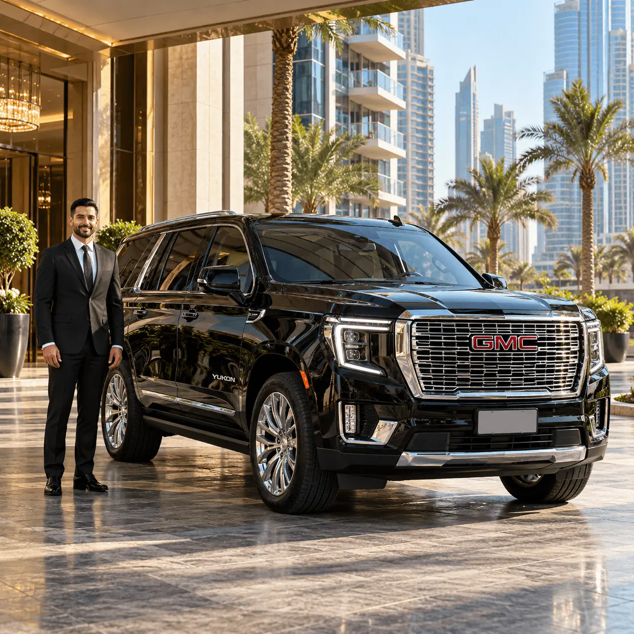 Luxury chauffeur vehicle at Business Bay hotel entrance