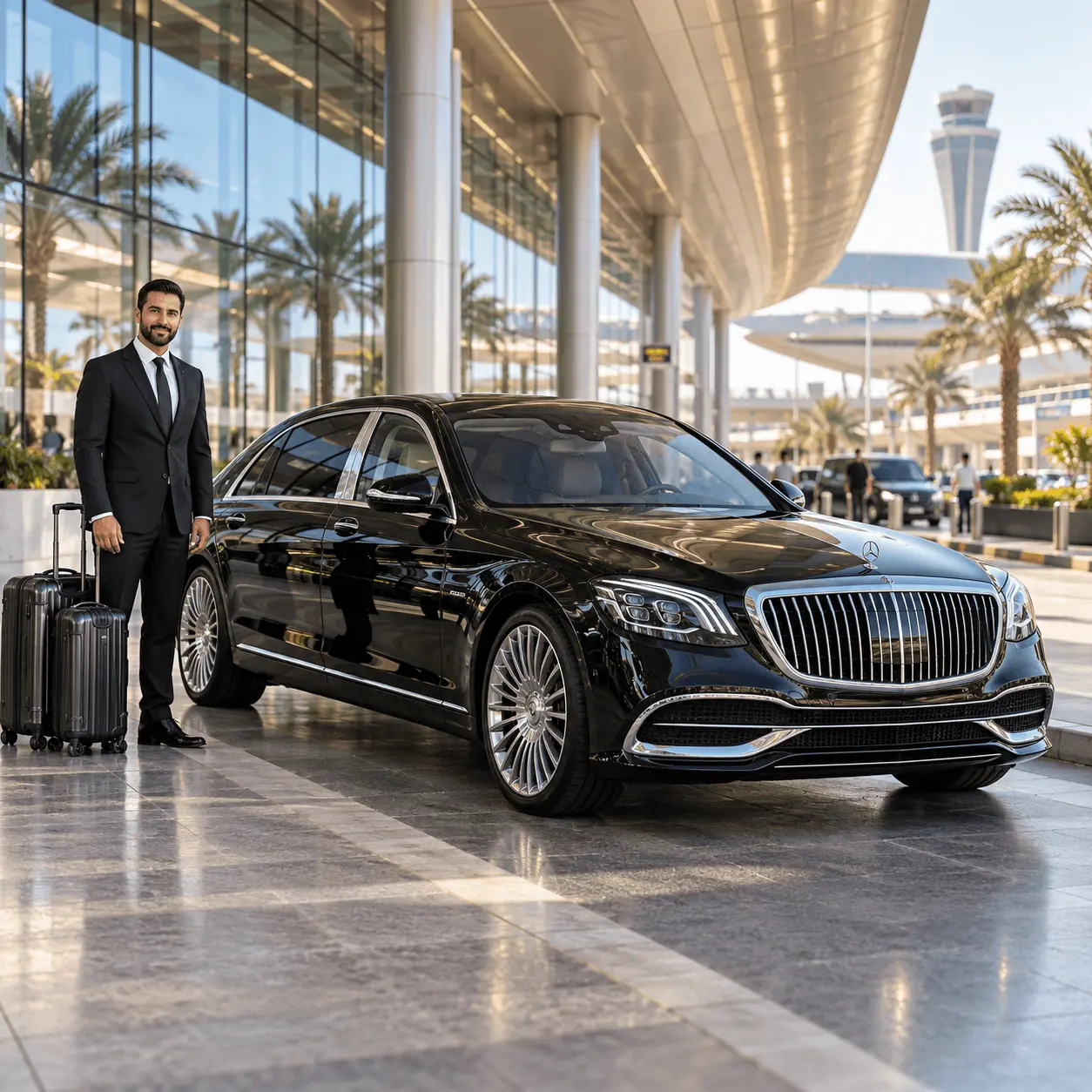 Mercedes-Maybach chauffeur meeting arriving passengers at Dubai airport