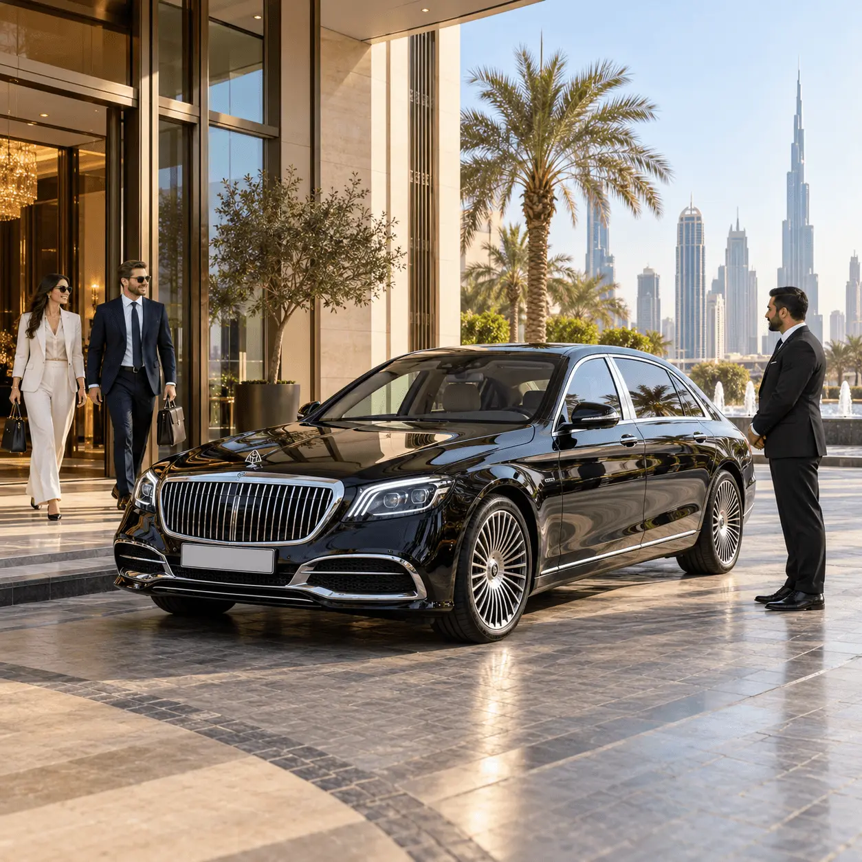 Executive chauffeur awaiting VIP client outside Dubai business district