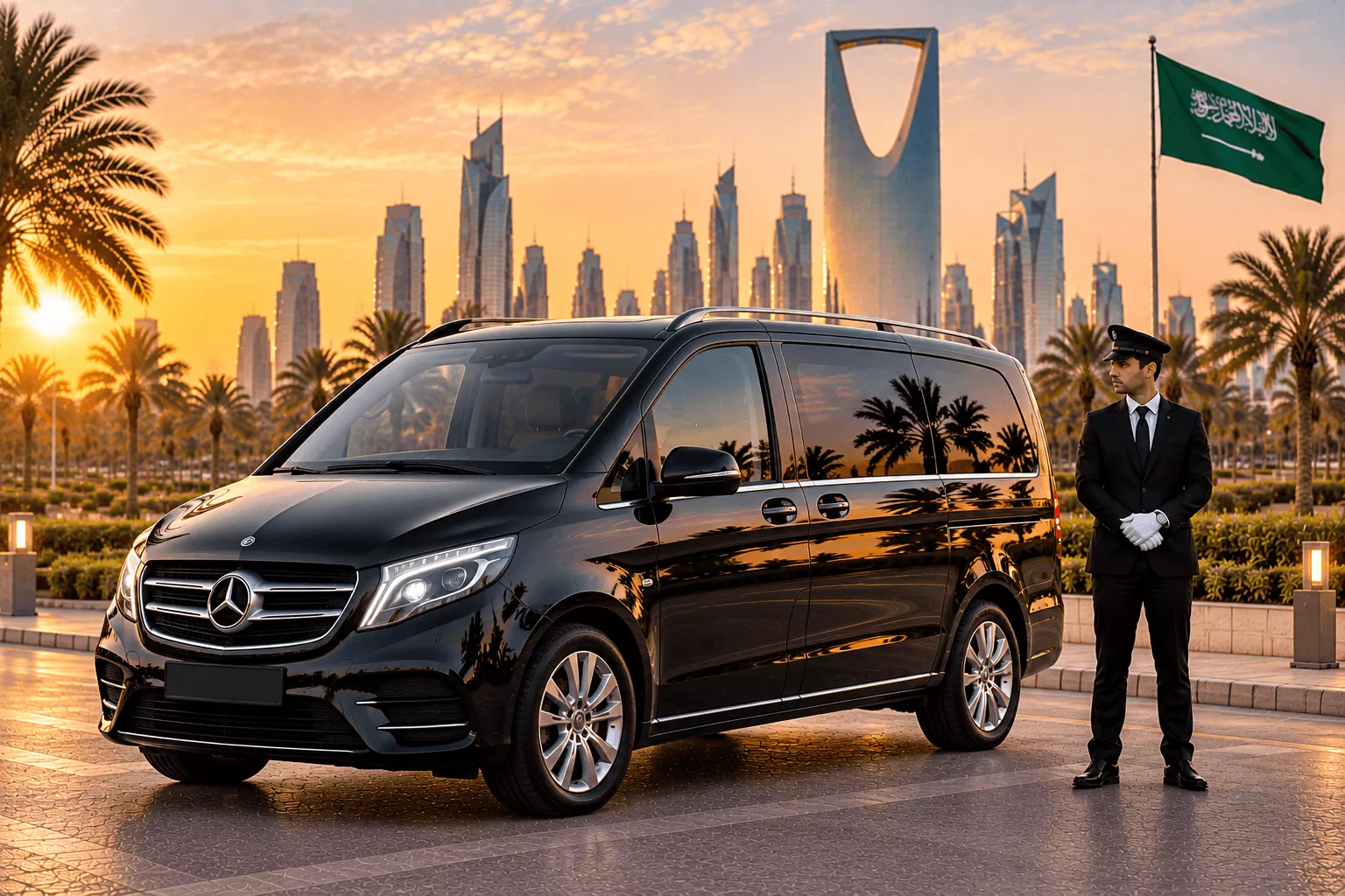 Luxury Sprinter chauffeur vehicle outside Dubai hotel — the same vehicle and driver arrangement confirmed for the full Dubai to Jeddah private transfer