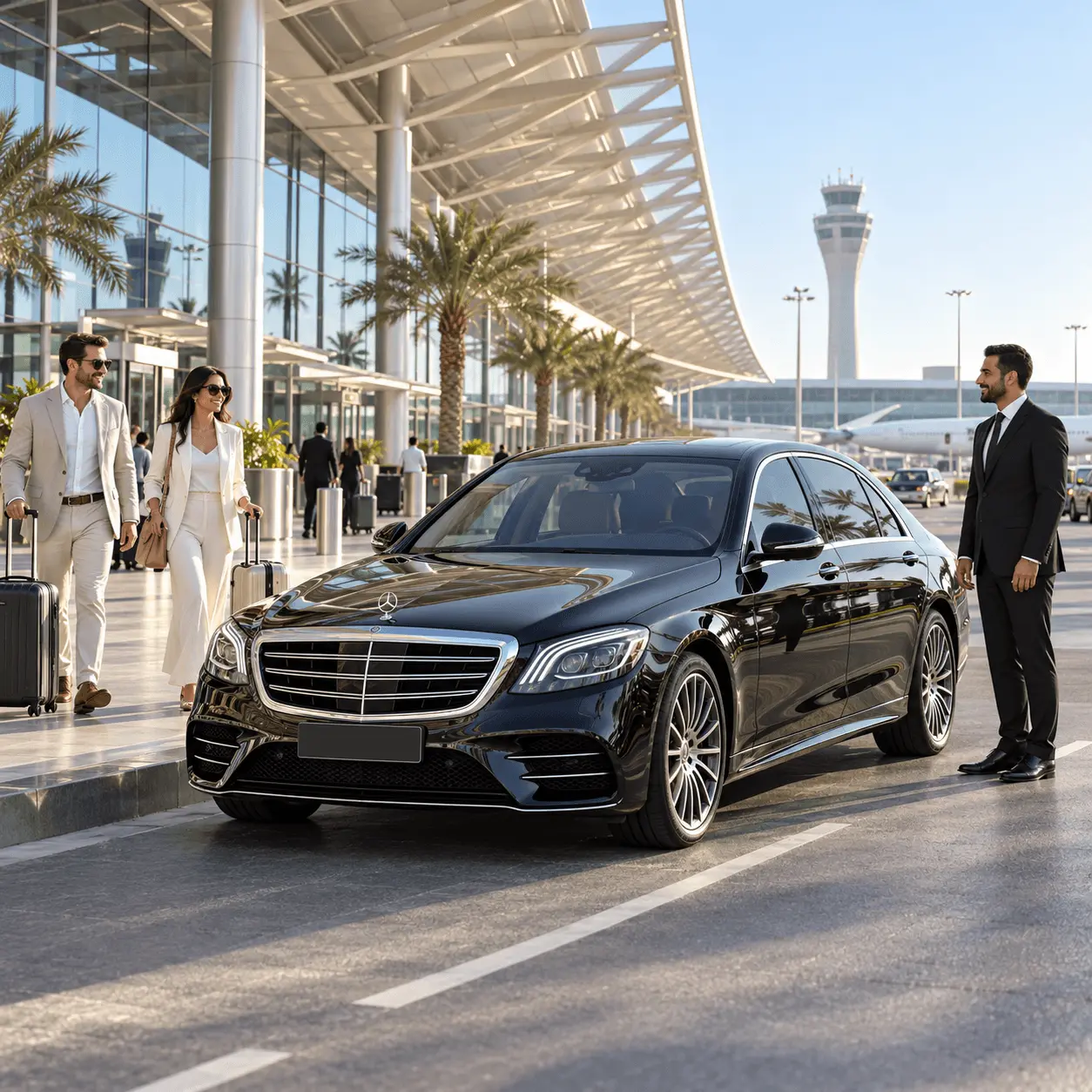 Chauffeur greeting arriving passengers for an S-Class airport transfer in Dubai